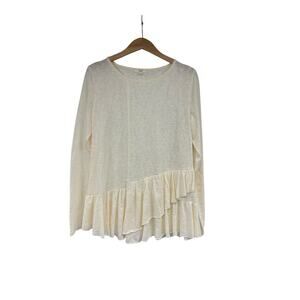 Easel Cream Slub Knit Ruffle Long Sleeve T Shirt Romantic Cottage Natural Size M